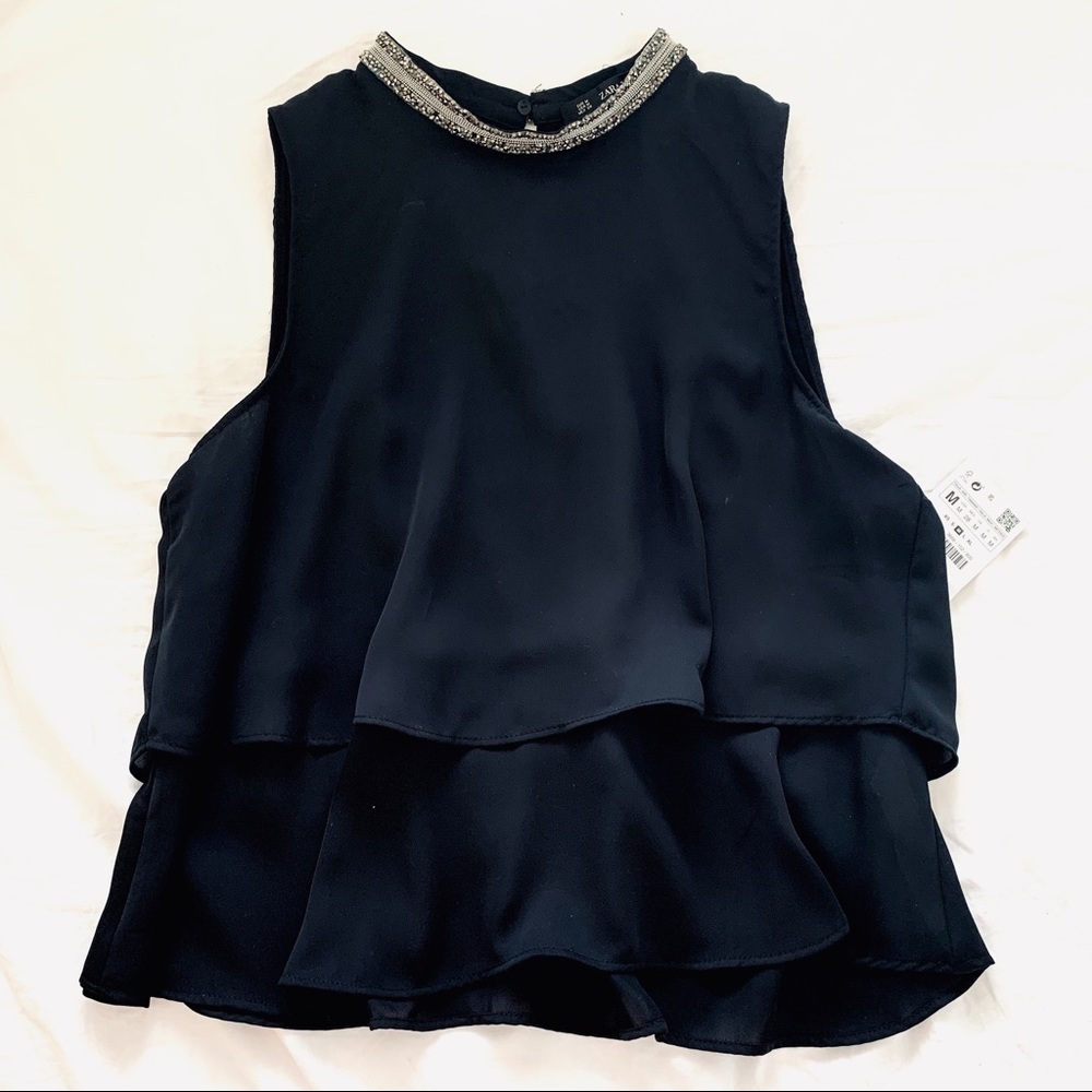 NWT Zara Basic Black Top with Beaded Neckline